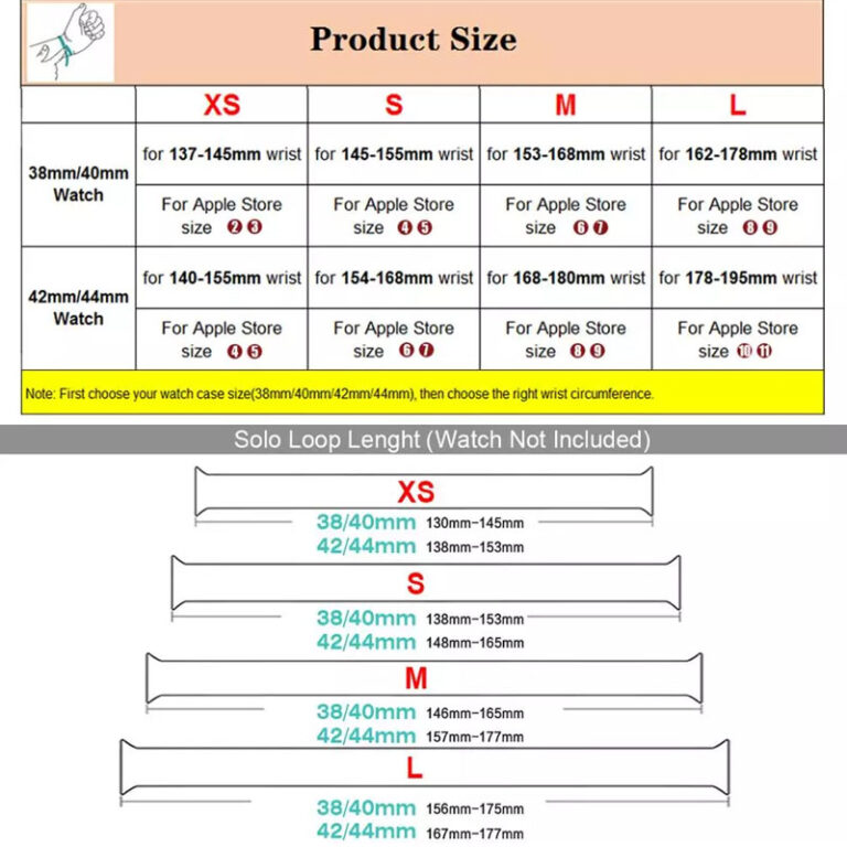 Nylon Braided loops Size chart
