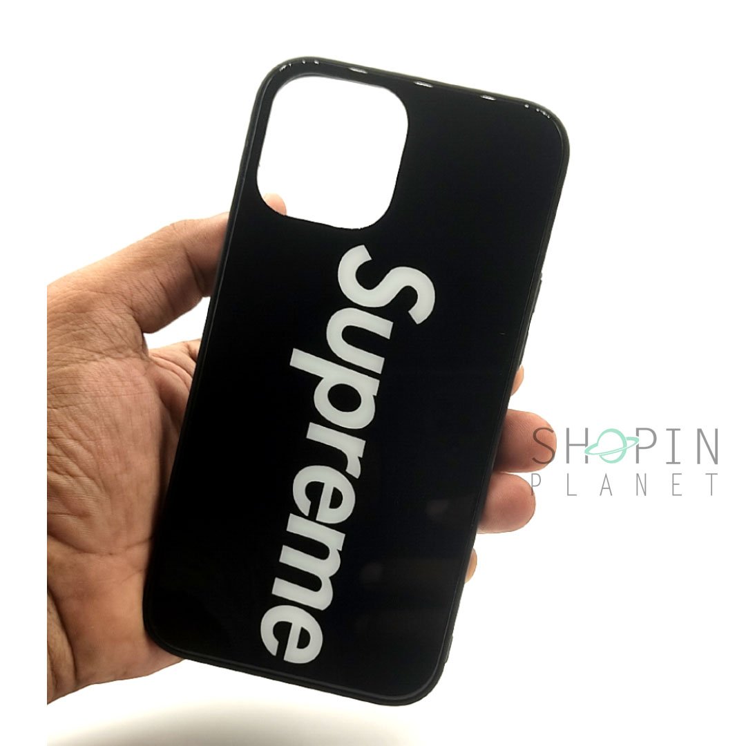 iPhone 12 Pro Max Glass Case With Printed SUPREME Brand Name Logo - Black