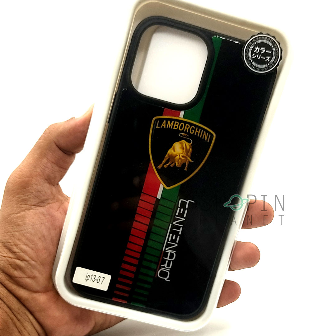 iPhone 13 pro max 3 iPhone 13 Pro Max Glass Case With Printed LAMBORGHINI Brand Name Logo - Black - Image 1