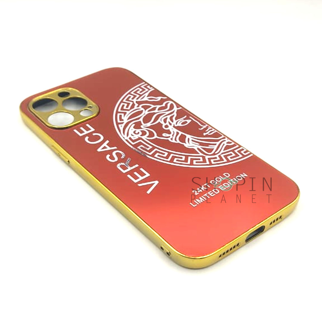 iPhone12 Pro Max TPU Golden Border Silver Plated VERSACE Printed case red in Pakistan