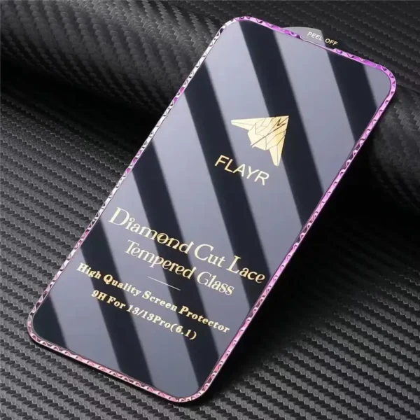 Iphone 14 Pro Max Diamond Cut Lace Tempered Glass Screen Protector - Deep Purple