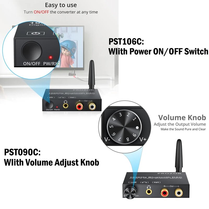 PROZOR 192kHz Digital to Analog Audio Converter with Bluetooth 5.0