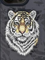 iPhone 15 Pro Max Savanna Series 3D Embroidered Tiger Leather Case - Black - Image 3