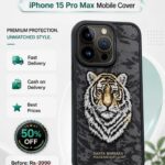 iPhone 15 Pro Max Savanna Series 3D Embroidered Tiger Leather Case - Black