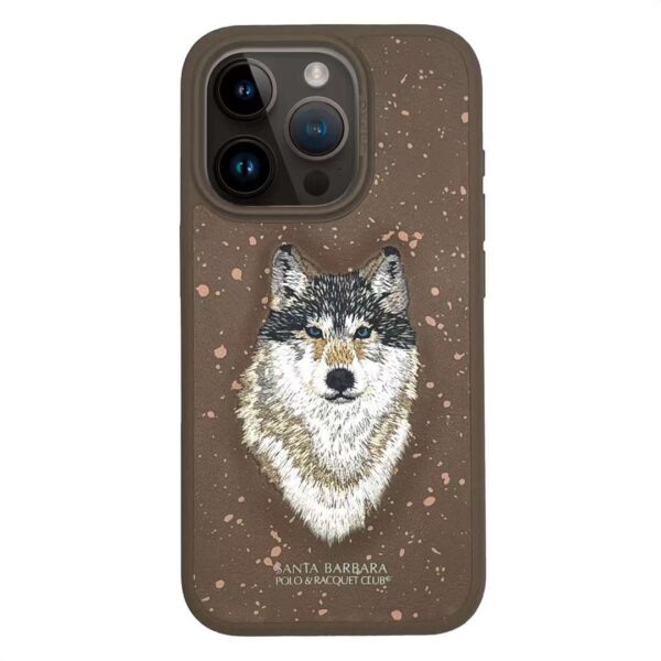 iPhone 15 Pro Max Savanna Series 3D Embroidered Wolf Leather Case - Brown