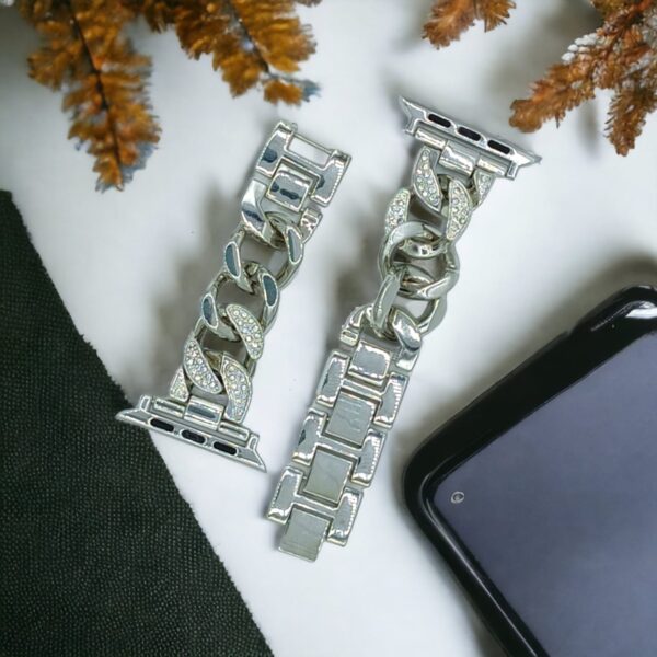 42mm/44mm/45mm/49mm/22mm Diamond Stainless Steel Chain Straps For Smart Watch – Silver