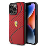 iPhone 15 Pro Max Ferrari Twist Metal Logo Leather Case – Red