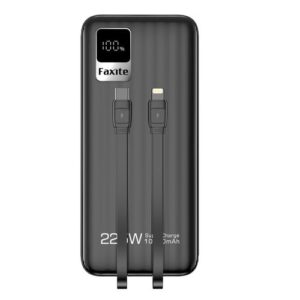 Faxite R20Pro 22.5W Fast Charging PD20W Power Bank 20000mAh with Digital Display Dual Cable Type-C to Lightening Cable - Black
