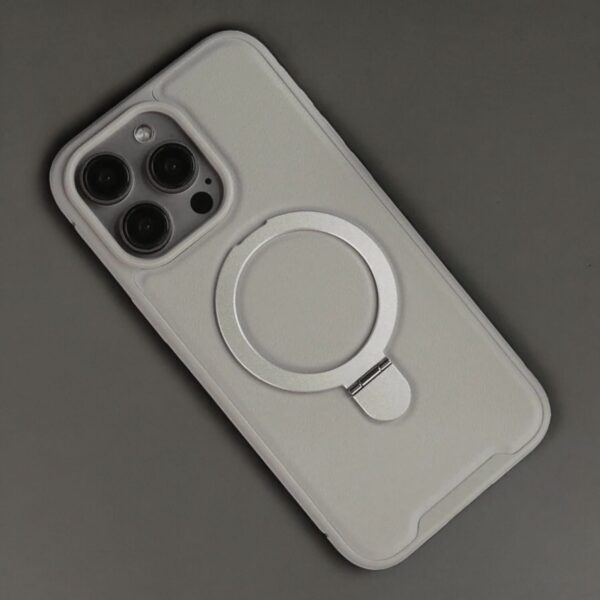 iPhone 15 Pro Max Henks Bracket Series MagSafe Leather Case With Kickstand Holder – Grey