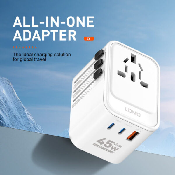LDNIO Z8 Universal 3 USB Ports 45W GaN Travel Adapter - White