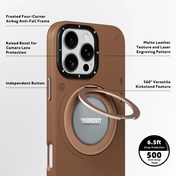 iPhone 16 Pro Max Youngkit Simple Matte Leather Case With Stand Brown - Image 4