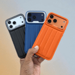 iPhone 17 Pro Max Kajsa Leather Puffer Case Luxury Soft Cushion Protective Back Cover in Black, Blue & Orange (Design 1)