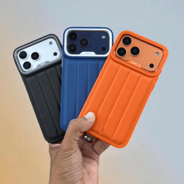 iPhone 17 Pro Max Kajsa Leather Puffer Case Luxury Soft Cushion Protective Back Cover in Black, Blue & Orange (Design 1)