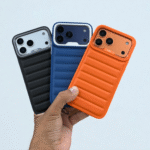 iPhone 17 Pro Max Kajsa Leather Puffer Case Luxury Soft Cushion Protective Back Cover in Black, Blue & Orange (Design 2)