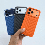 iPhone 17 Pro Max Kajsa Leather Puffer Case Luxury Soft Cushion Protective Back Cover in Black, Blue & Orange (Design 3)