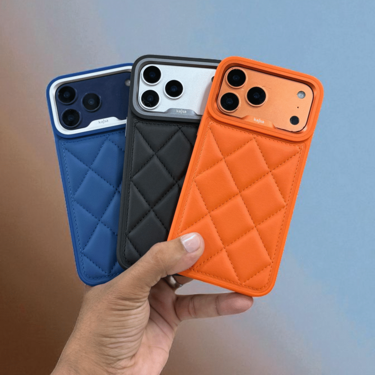 iPhone 17 Pro Max Kajsa Leather Puffer Case Luxury Soft Cushion Protective Back Cover in Black, Blue & Orange (Design 4) - Image 1