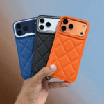 iPhone 17 Pro Max Kajsa Leather Puffer Case Luxury Soft Cushion Protective Back Cover in Black, Blue & Orange (Design 4)