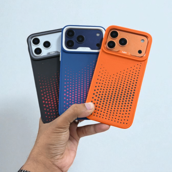 iPhone 17 Pro Max Kajsa Premium Leather Case Elegant Protective Back Cover in Black, Blue & Orange (Design 1)
