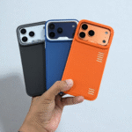 iPhone 17 Pro Max Kajsa Premium Leather Case Elegant Protective Back Cover in Black, Blue & Orange (Design 2)