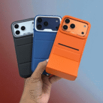 iPhone 17 Pro Max Kajsa Premium Leather Case Elegant Protective Back Cover in Black, Blue & Orange (Design 3)