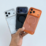 iPhone 17 Pro Max Kajsa Clear PC Case with High Camera Bezels Shockproof Protective Back Cover in Orange, Grey & Silver