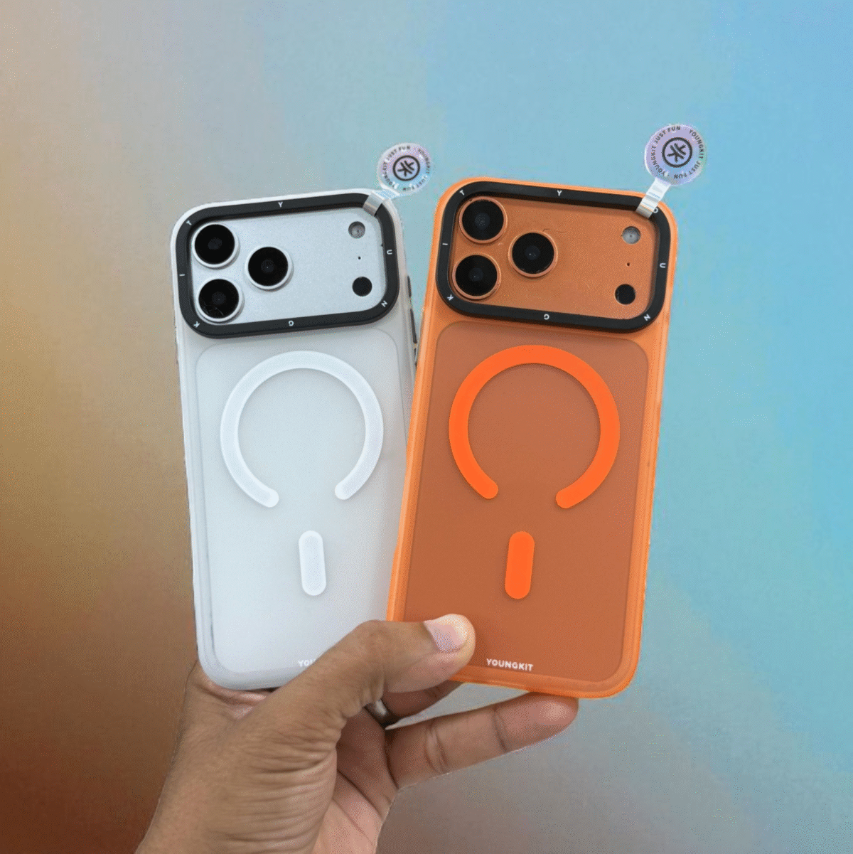 iPhone 17 Pro Max Youngkit Magsafe PC Case with Black Camera Bezels Stylish Shockproof Protective Back Cover in Orange & White - Image 1