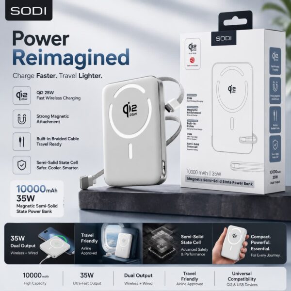 SODI Qi2 10000mAh MagSafe Power Bank 25W Wireless & 35W Fast Charging