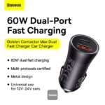 Baseus Golden Contactor Max Dual Fast Charger Car Charger U+C 60W - Dark Gray - Image 7