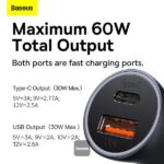 Baseus Golden Contactor Max Dual Fast Charger Car Charger U+C 60W - Dark Gray - Image 6