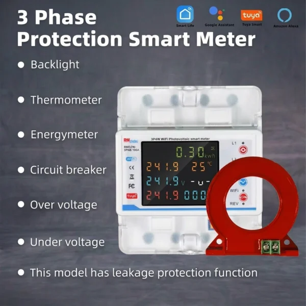 Smart Wi-Fi Circuit Meter, 4P 3 Phase 100A Meter, Transformer Coil, Bidirectional Metering