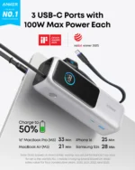 Anker Laptop Power Bank (25K, 165W, Built-in Retractable Cable) Charging Station - Silver - Image 2