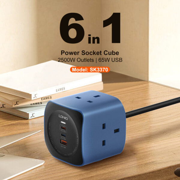 LDNIO SK3370 6 in 1 Power Socket Cube with 65W PD USB Charging Ports New Power Strip Extension Plug Socket