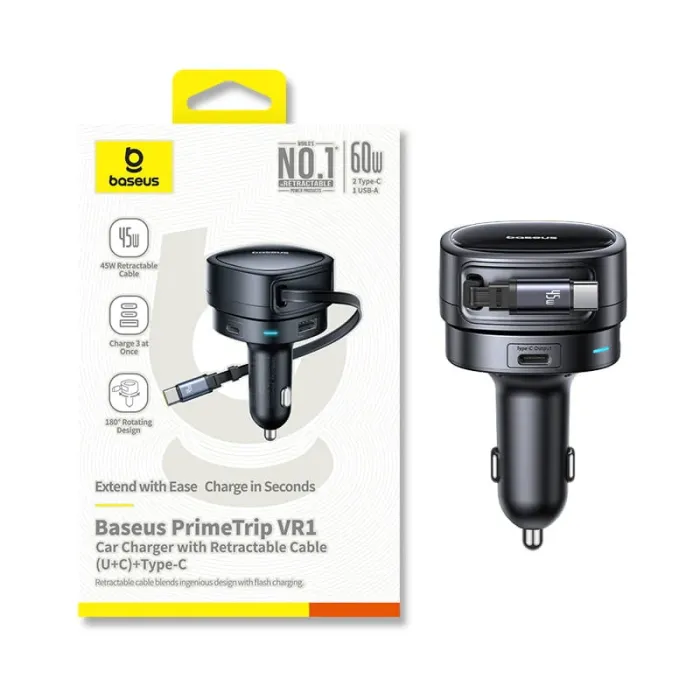 800-3-1 Baseus PrimeTrip VR1 60W Car Charger with Retractable Cable (U+C)+Type-C - Black - Image 1
