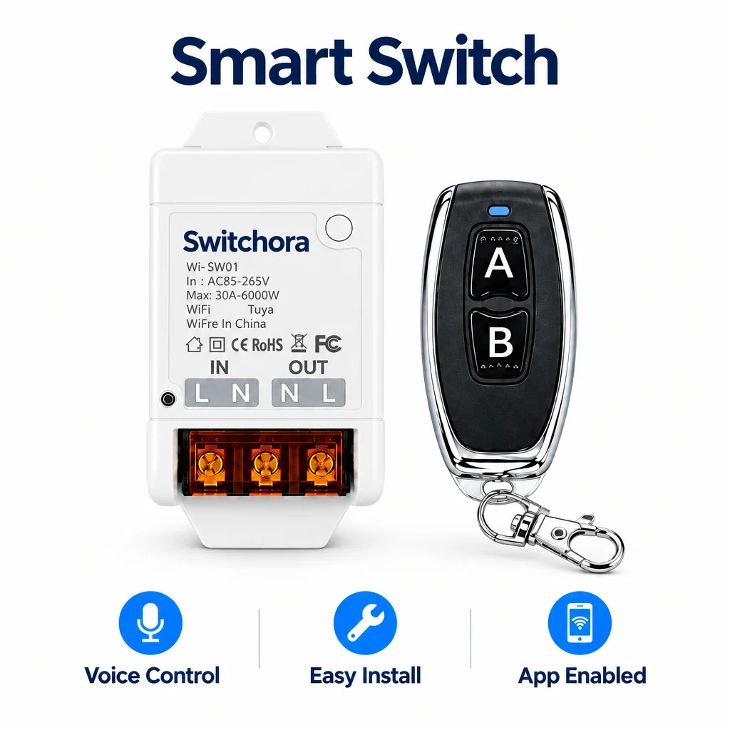 white-background-smart-switch-product-image_71b511b0-f3ae-45ce-ab69-2549b19cdb9f Switchora Smart Wi-fi 30A Switch Module (WIFI + RF433 Feature) + Remote control - Image 1